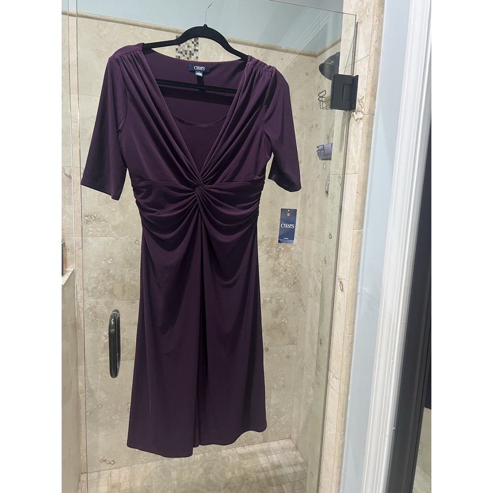 New Chaps Maroon Short Sleeve Jersey Sheath Dress Twist Waist M Wine Purple